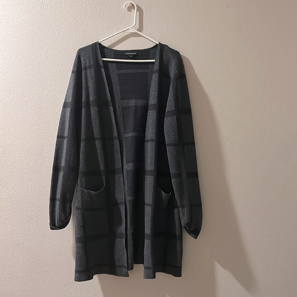 Long black and gray window pane patterned cardigan